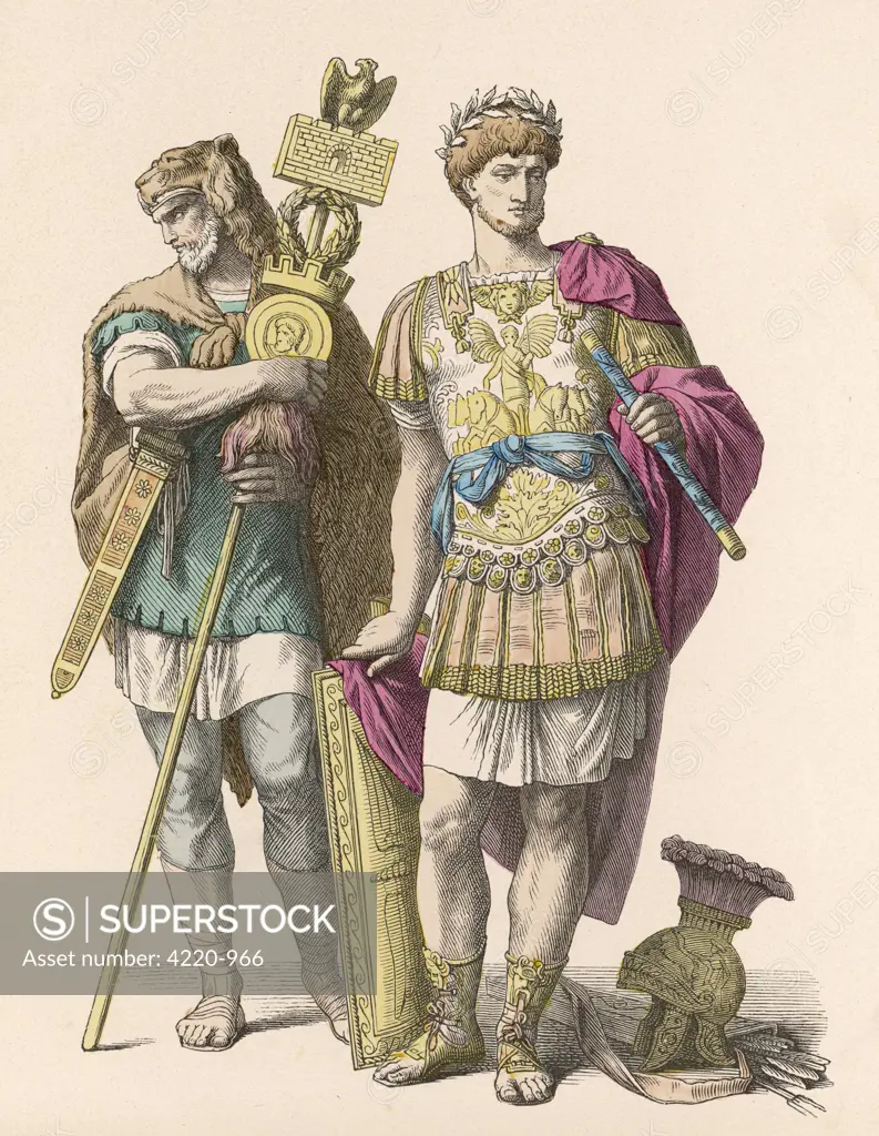 A GENERAL AND HIS STANDARD-BEARER the general wears a laurel  wreath as sign that he has won  a victory ; the standard- bearer wears a lion's head
