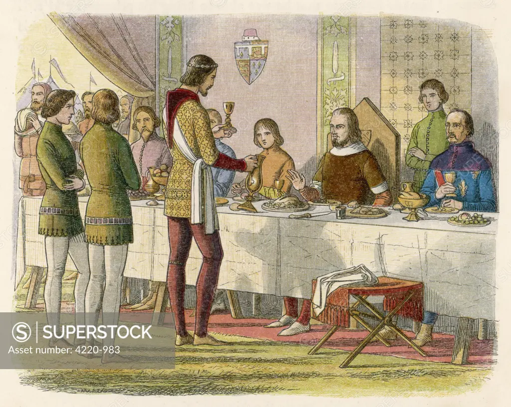 After defeating him at the  battle of Poitiers, Edward the  Black Prince waits on the  French king at table