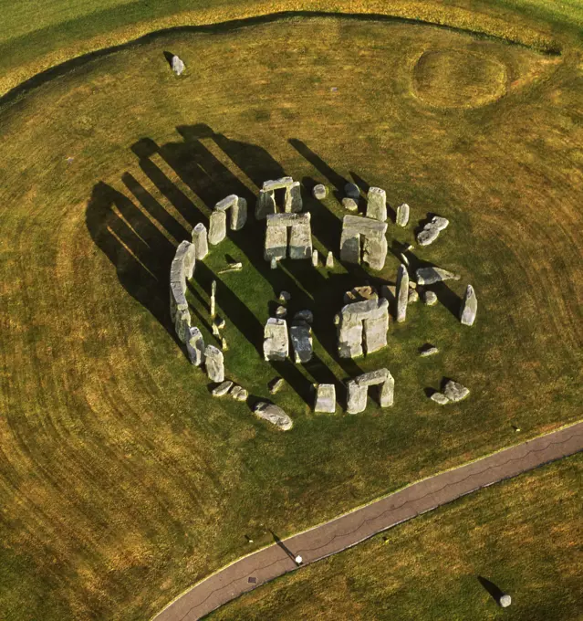 Stonehenge, World Heritage Site, prehistoric monument and stone circle, Wiltshire. Aerial image of South (Southern) England, UK.