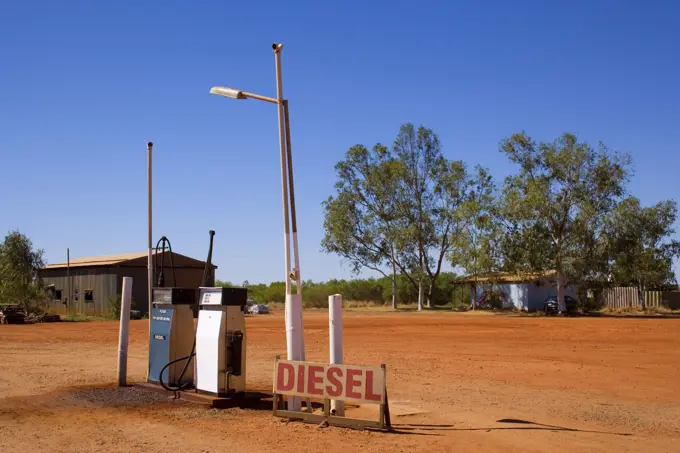 Outback fuel - typical filling station on a roadhouse in the outback of Western Australia . Western Australia, Australia.