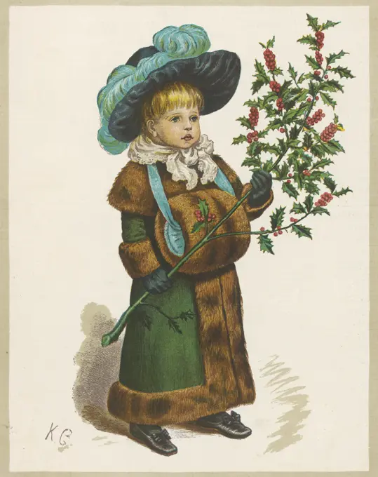 Girl in fur-trimmed coat, fur  muff, gloves and feathered  hat, carrying a fair-sized  branch of holly       Date: 1880