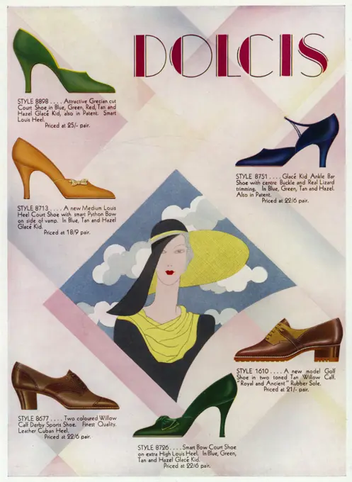 Advertisement for Dolcis shoes  including: golf shoes, a Derby  sports shoes &amp; court shoes in  bright exotic colours.       Date: 1931