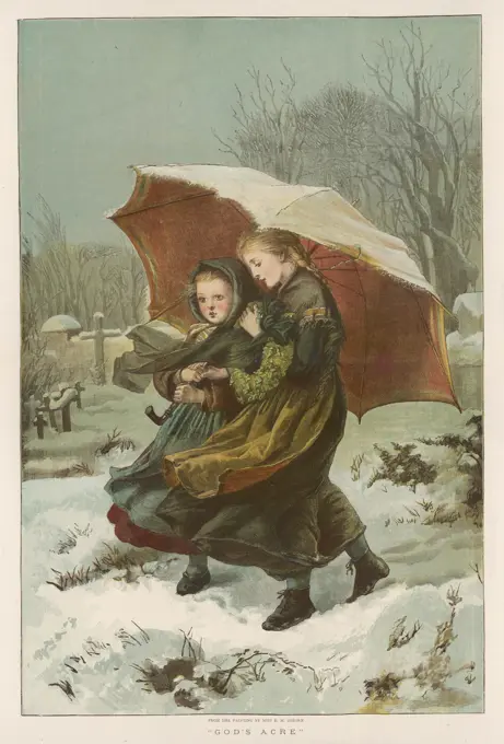 Two sisters walk through the  snow beneath a big umbrella         Date: 1879