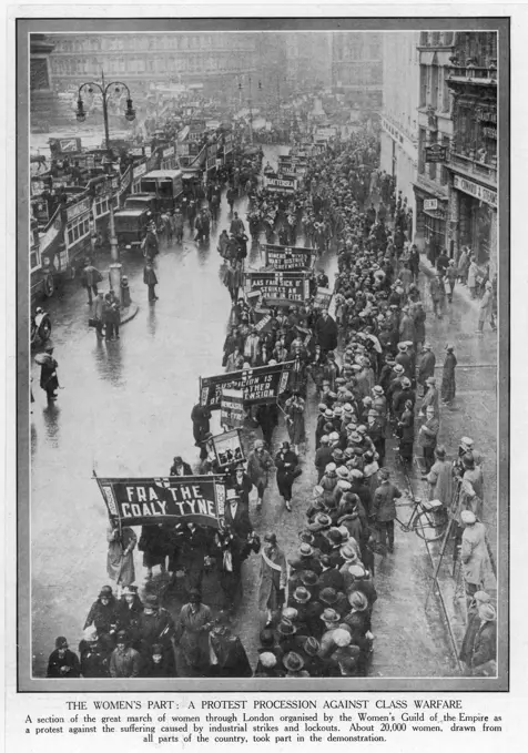 Approximately 20,000 women  take part in a protest  procession through central  London, against the suffering  caused by the industrial  strikes and lockouts.     Date: 1926