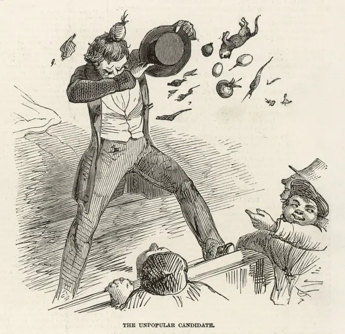 An unpopular candidate at  election time gets pelted with  a variety of vegetables and an unfortunate cat by the hostile  crowd      Date: 1847