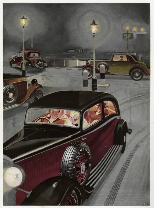 Advertisement for Dunlop tyres showing several cars driving with Dunlop tyres,  The car in the foreground shows a glamorous group dressed up for an evening out.  The advertisement is notable for the confident absence of any copy whatsoever.     Date: 1934