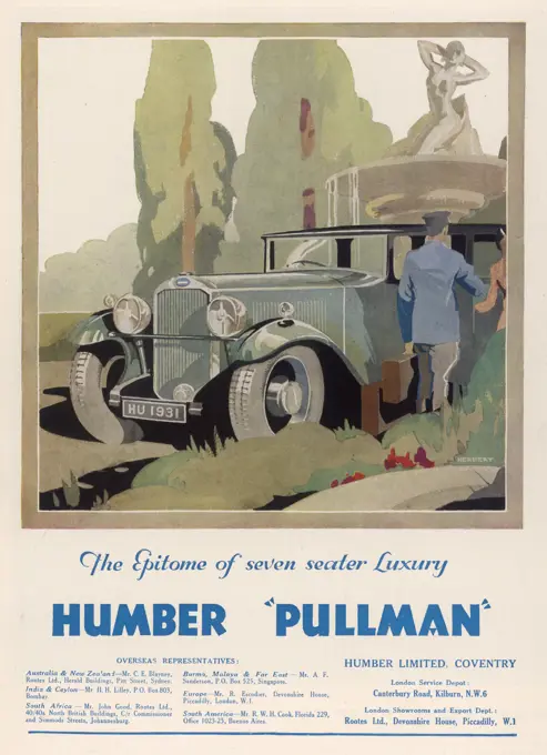 Advertisement for the Humber Pullman motor car showing a chauffeur opening the car door for its occupant in rather smart looking grounds      Date: 1931