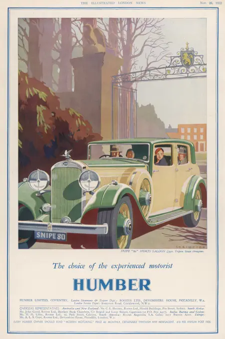 Advertisement for the Humber Snipe 80 motorcar, showing the car leaving through the gates of a smart residence possibly a stately home      Date: 1932