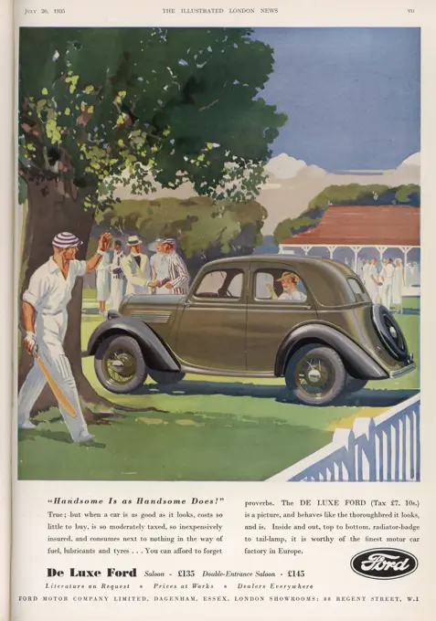 Advert for the Ford De Luxe motorcar showing the car parked at a cricket match in the hight summer       Date: 1935