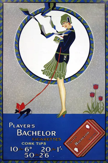Advertisement from 1930 for Players Bachelor cigarettes showing a stylised flapper girl walking a toy dog.     Date: 19th March 1930