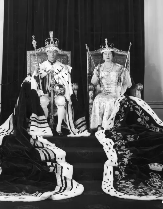 An Offical Photograph of the Coronation of King George VI, seated with his Wife the Queen, Elizabeth.     Date: 1932