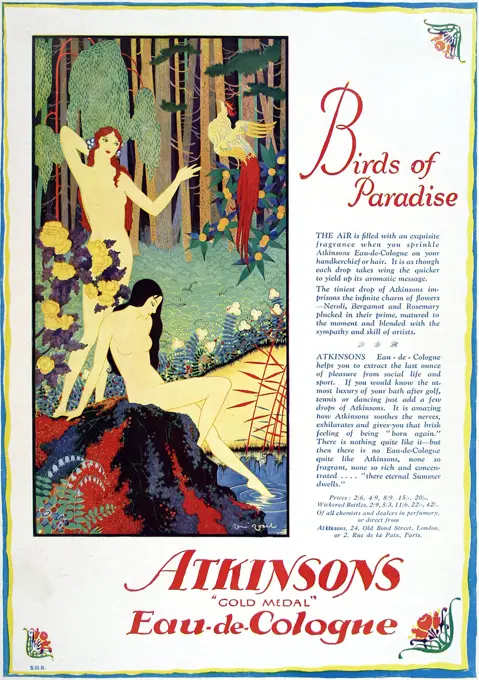 A colour advertisement for Atkinsons 'Gold-Medal' Eau-de-cologne, showing an illustration of two beautiful naked ladies by the side of pond with a  bird of a paradise in a tree.     Date: 6th November 1926