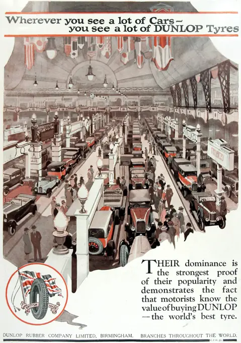 An illustrated advertisement of a great hall full of cars for Dunlop tyres, captioned 'Wherever you see a lot of cars- you see a lot of Dunlop tyres'.     Date: 1926