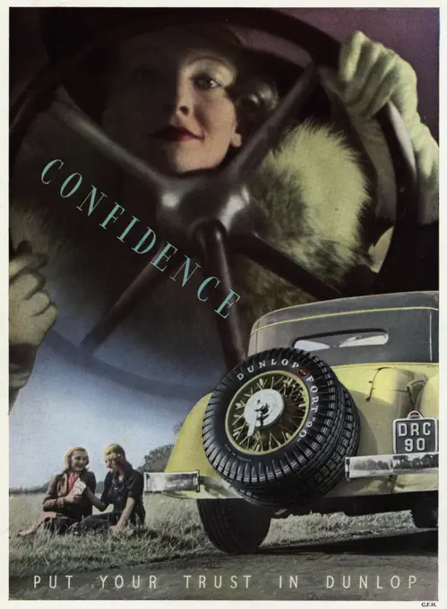 Advertisement for Dunlop showing a lady behind the steering wheel.  1937