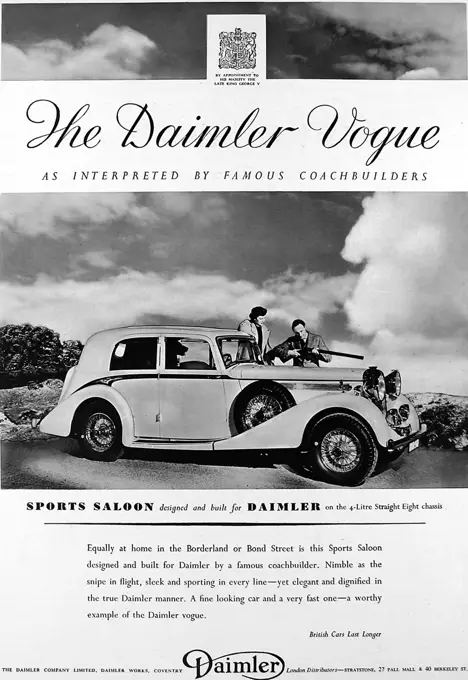 Advertisement for Daimler Vogue sports saloon car, showing a photograph of a 'sporty' couple with their car, loading a rifle and with a large dog in the back seat of the car.  1938
