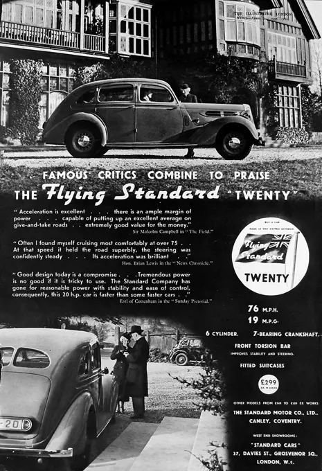 Full page photographic advertisement for the Flying Standard 'Twenty' car, showing two photos of  the car in front of large houses, a typically aspirational car advert of the 1930's period.     Date: 24th April 1937