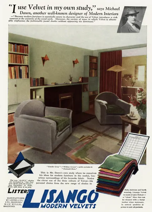 Advertisement for Lisango patern book with dawn shades, a personal choice of upholstering the chair and cushion differently.      Date: 1931