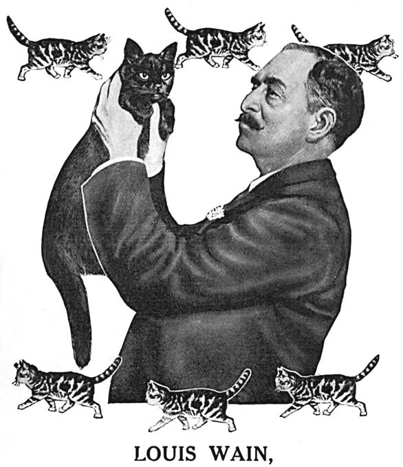 Portrait of Louis Wain taken from an advertisement for Phosferine, a tonic medicine, featuring Louis Wain, the famous cat artist.  Wain testifies that the tonic, '...is a good pick-me-up, improves one's appetite and possesses very striking invigorating properties'.  Wain was able to turn his hand to drawing a wide variety of animals prior to the fame he achieved with his feline creations.  Sadly his growing obsession with cats turned to insanity and he died penniless in a mental asylum in 1939. 