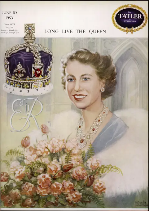 Front cover design for The Tatler magazine to celebrate the coronation of Queen Elizabeth II in June 1953.  It features a painting of the Queen wearing fur and carrying a bouquet of roses.     Date: 1953