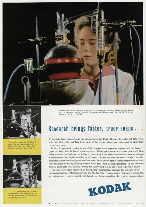 'Research brings faster, truer snaps'  here shows a chemist in progress, achieving a panchromatic film highly sensitive to all colours.  1948