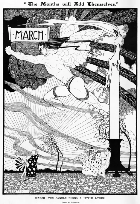 A black and white illustration of a fantasy scene depicting the month of March.     Date: 1916