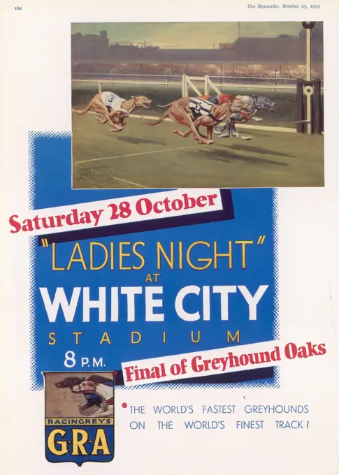 Advertisement for 'Ladies Night' at White City Stadium.     Date: 25th October 1933