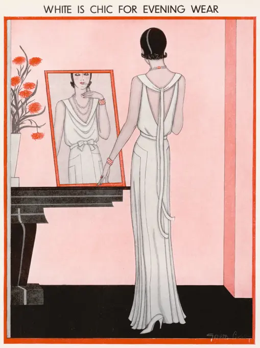 A fashion illustration by Gordon Conway showing a white crepe de Chine and velvet evening gown.     Date: 1928