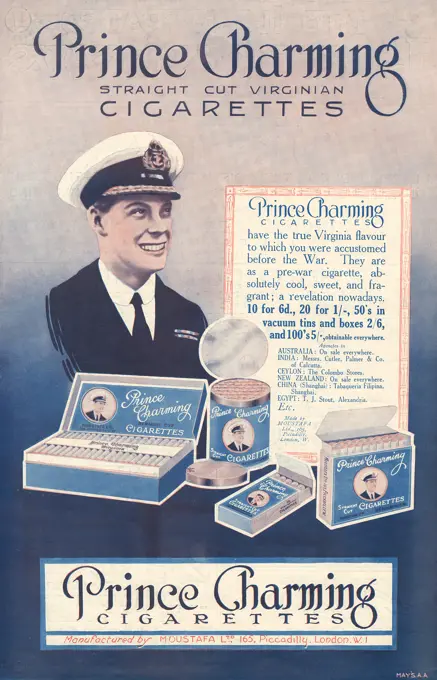 Advertisement for Prince Charming cigarettes using the image of the popular Prince of Wales, later King Edward VIII and Duke of Windsor.     Date: 17th March 1923