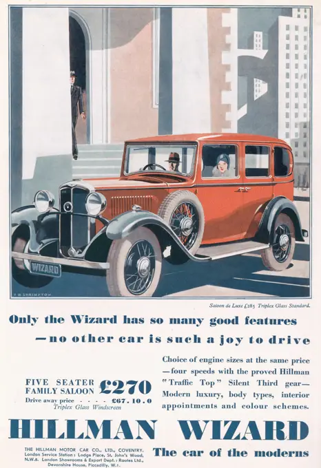 Illustration showing a Hillman Wizard car parked in a city.     Date: 11th November 1931