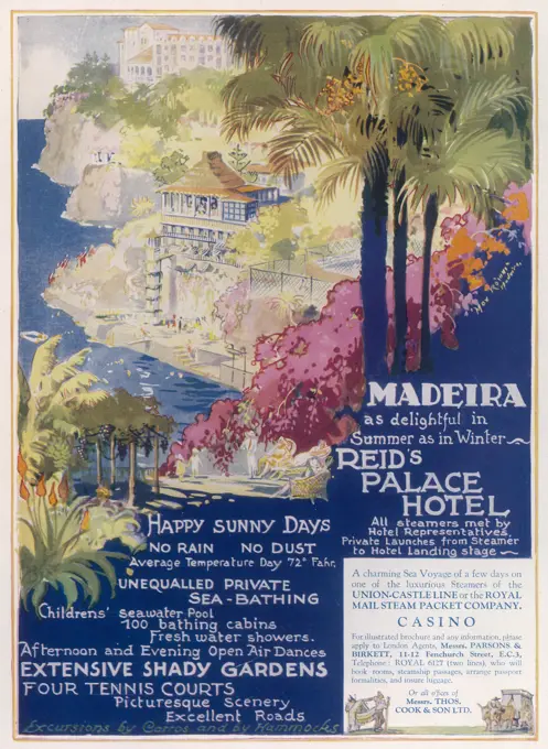 Reid's Palace Hotel in Madeira, boasting 'happy sunny days, no rain, no dust...unequalled private sea-bathing, afternoon and evening open air dances, children's seawater pool, 100 bathing cabins, extensive shady gardens, four tennis courts, picturesque scenery and excellent roads'.     Date: 1929