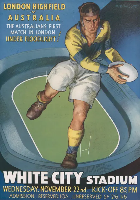 Advert for a rugby match between London Highfield and Australia, ('the Australians' first match in London - under floodlight!') held at White City Stadium on 22nd November 1933.     Date: 15th November 1933