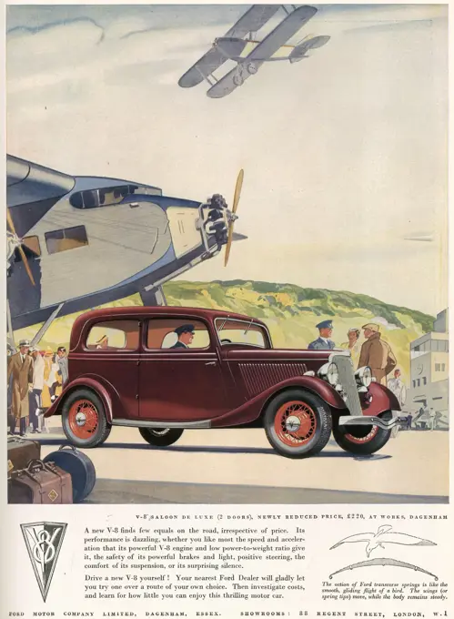 Advertisement showing a V-8 Saloon de Luxe Ford at an airfield.     Date: 18th July 1934