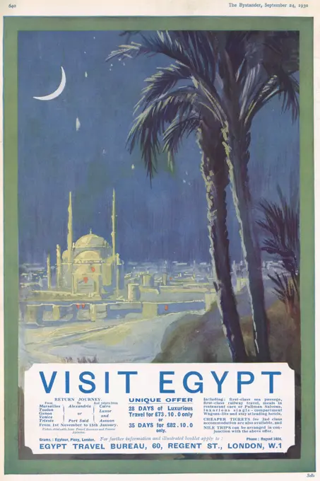 Colour advertisement for the Egypt Travel Bureau.     Date: 24th September 1930