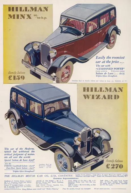 Motoring advert for the Hillman Minx and Hillman Wizard car from 1932.     Date: 1932