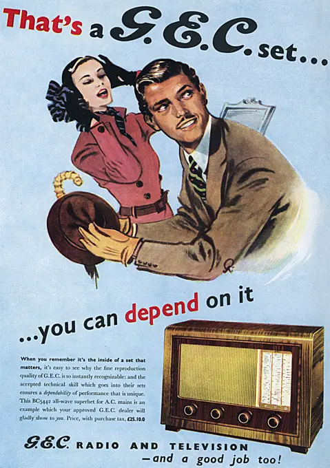 A colour advertisement for a BC5442 G. C. E. radio.     Date: 19th December 1951