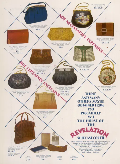 An advertisement showing a selection of handbags from 'Revelation' Suitcase Company.  1928