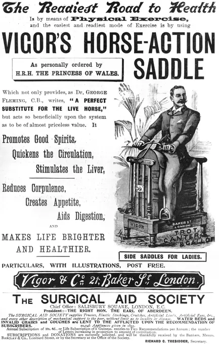 An advertisement for a horse saddle exercise machine.     Date: 25th January 1896