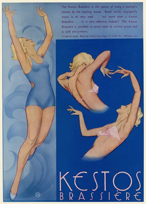 Advert for Kestos lingerie, to be worn under swimwear.  1934