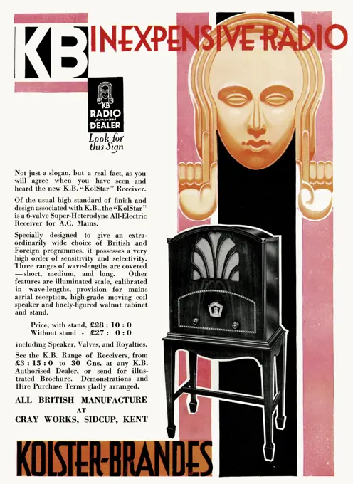 KB inexpensive radio, with three range of wave-lengths, short, medium and long.  Comes in a walnut cabinet and stand.  1931