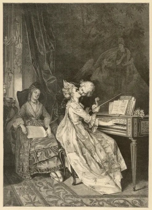 A  violinist kisses a woman at the piano while their chaperone is sleeping     Date: 1881