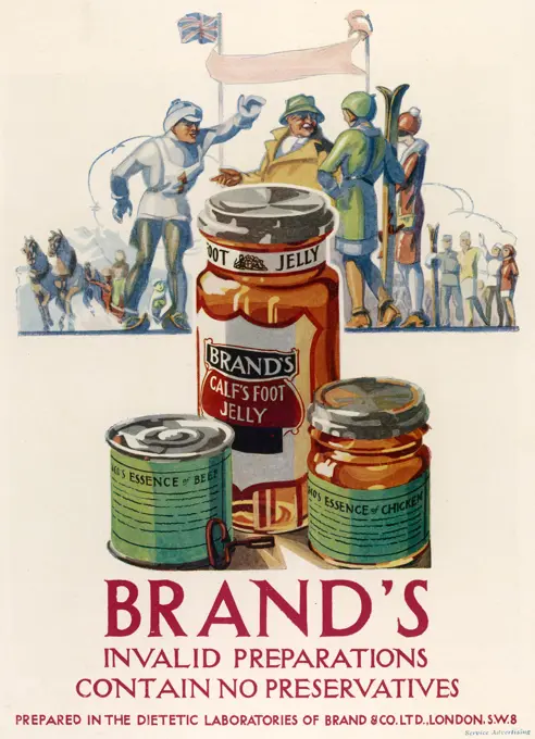 Advertisement for Brand's invalid preparations which comprise of its calf's foot jelly, essence of beef and essence of chicken and, apparently, not containing any preservatives.  Just the thing to give a boost to those feeling a little under the weather during winter.     Date: 1926