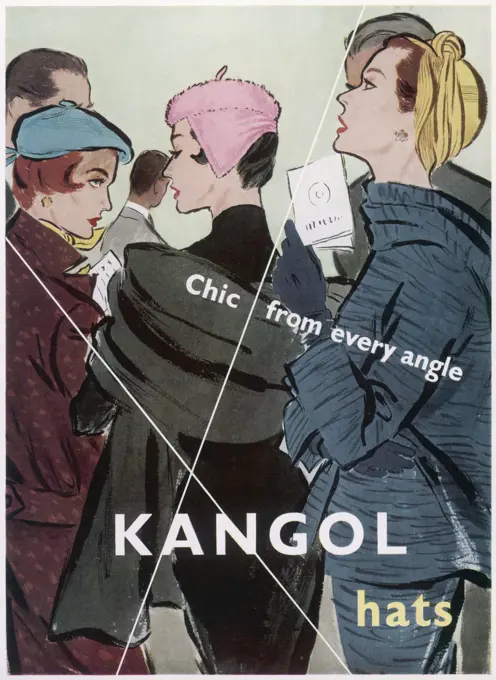 Advertisement for Kangol hats showing three chic, elegant women wearing Kangol hats (of course) at an event, possibly a private view at an art gallery.     Date: 1956