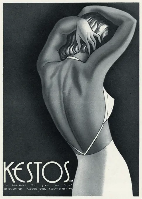 Advertisement for womens backless brassiere.     Date: 1940