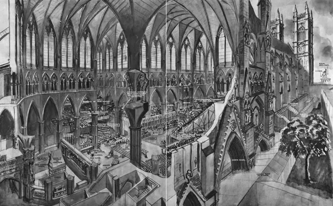 The setting for the coronation of Queen Elizabeth II, Westminster Abbey, with the Northern walls cut away to show the interior seating arrangements.  Among those privileged to be present at the sacred rites are peers (South Transept) and Peeresses (North Transept), Members of Parliament, Royal and other representatives of foreign states and the Commonwealth, high ranking officers of the Fighting Services and the Press.       Date: 1953