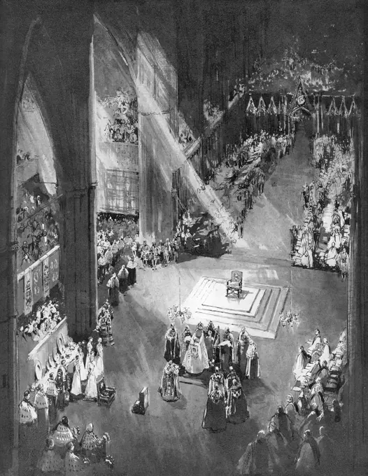 The culminating moment of the coronation ceremony, as Queen Elizabeth II is crowned queen in Westminster Abbey by the Archbishop of Canterbury.     Date: 1953