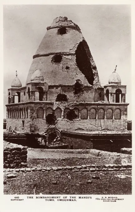Sudan - The Mahdi's Tomb, Omduran - showing damage. Tomb of Muhammad Ahmad, self-declared Mahdi in 1881. In his reform of Islam he replaced the pilgrimage to Mecca with the obligation to serve in the holy war against unbelievers. The tomb was damaged by the British under Kitchener in 1898 after their conquest of Sudan (as can be seen in this photograph). The tomb was rebuilt in 1947 as a copy of the original.     Date: circa 1910s