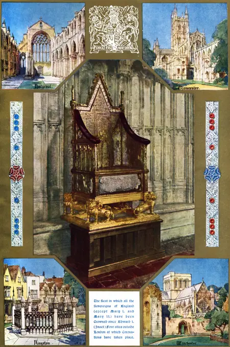 The Coronation Chair, with the Stone of Scone in Westminster Abbey. Also depicted are the four places outside London in which Coronations have taken place. These being, Holyroad, Gloucester, Kingston and Winchester.     Date: 