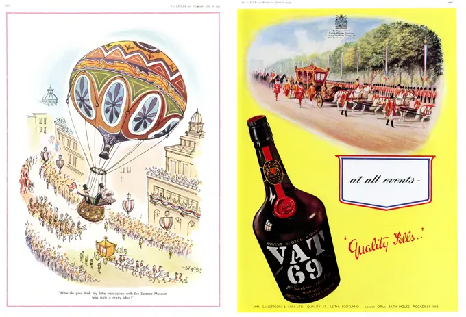 On the left, an enterprising group of people enjoy the spectacle of the Coronation of 1953 from the air (illustration by A F Wiles). On the right, an advert for Finest Scotch Whisky, a drink suitable for all events, including the Queen's coronation.     Date: 1953