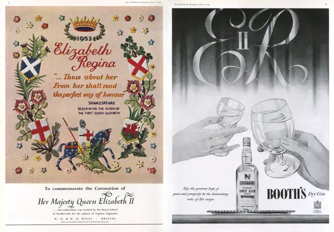 On the left, an embroidery created by the Royal School of Needlework for the makers of Capstan cigarettes (branch of The Imperial Tobacco Co.). On the right, an advert for Booth's dry gin, wishing the Queen a peaceful and prosperous reign.     Date: 1953