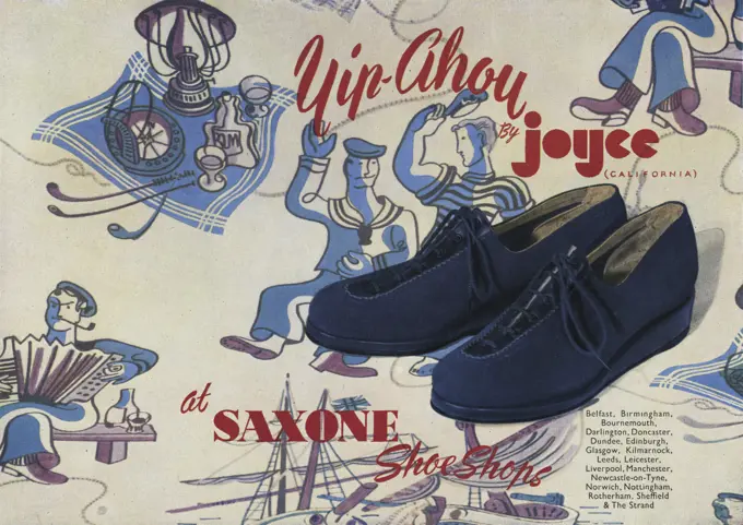 Women's lace-up blue shoes, very practical during World War Two.  Shoe by Yip-Ahoy by Joyce California, fitted by Saxone.     Date: 1944